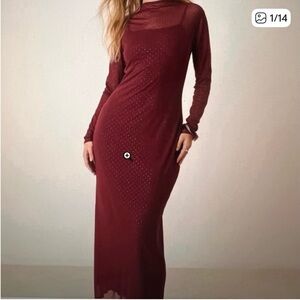 Abercrombie Studded Mesh Burgundy Long Sleeve Dress